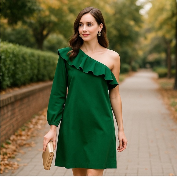 J. Crew Dresses & Skirts - J Crew Mercantile Womens One Shoulder Ruffle Green Shift Dress Size 6 Fall Chic
